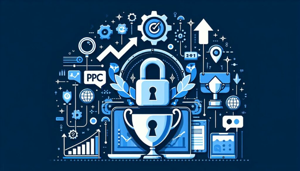 A stylized representation of the traits of a top PPC agency, featuring an array of digital marketing icons centered around a lock and trophy, symbolizing security and success in PPC advertising.
