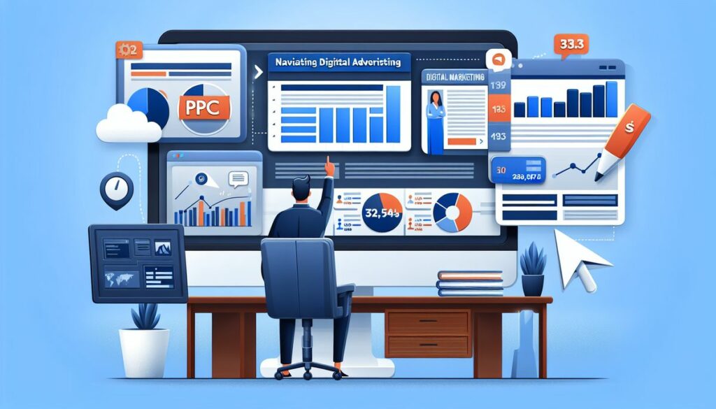 Illustration of a professional at a desk with multiple computer screens displaying PPC analytics and graphs, pondering the question: Do I need a PPC agency?