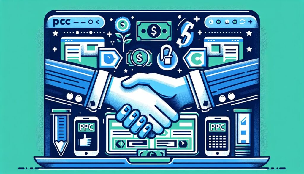 A vivid illustration representing Pay Per Click Advertisers engaging in successful online partnerships, with digital handshake over a laptop displaying graphs, currency symbols, and marketing elements.