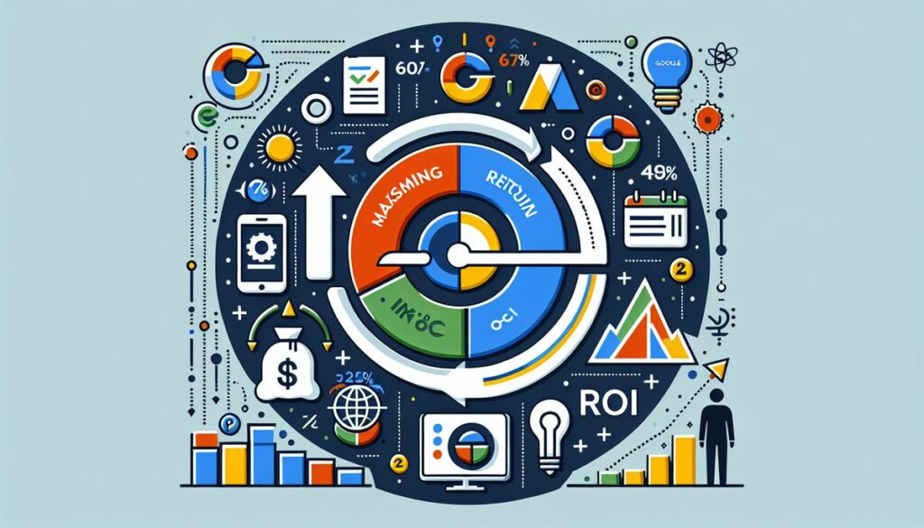 Infographic illustrating the components of Google Advertising Pay Per Click, with a focus on measuring and increasing ROI through effective marketing metrics and strategies.