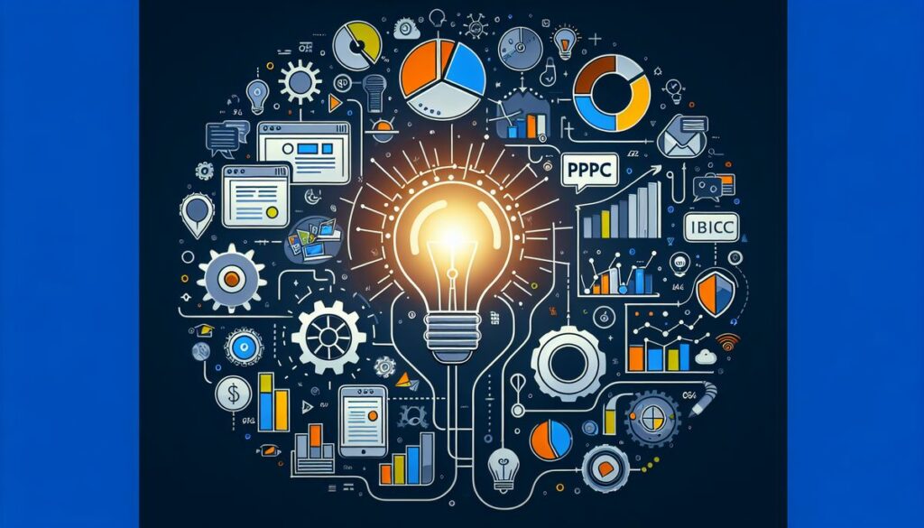 An illustrative concept of choosing the best PPC agency, depicted by a central light bulb surrounded by symbols and icons of analytics, gears, and digital marketing elements on a dark blue background.