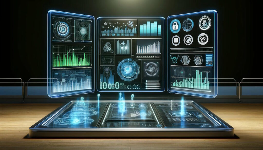 Advanced digital dashboard for ads measurement and privacy with detailed graphs and metrics, set in a futuristic control room.