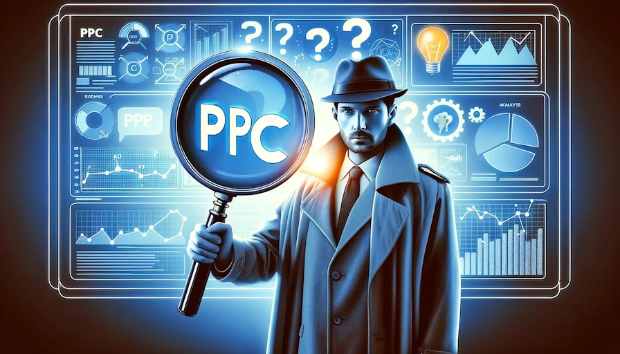 A modern digital art piece showcasing a detective theme, illustrating the analytical aspect of PPC management through a detective investigating PPC acronyms.