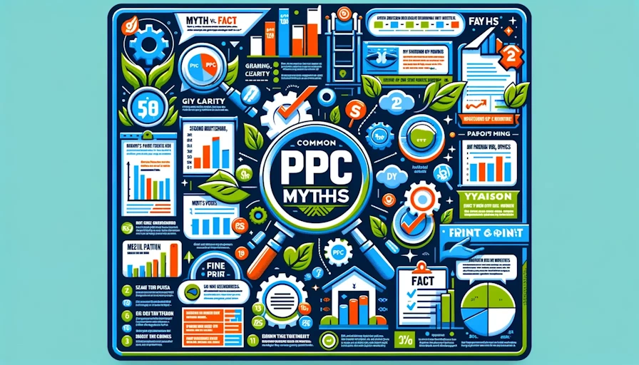 An infographic debunking common PPC myths with icons, bullet points, charts, and a myth vs. fact section.