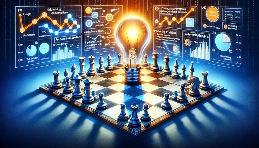 An engaging visual metaphor for PPC strategy represented by a digital chessboard, highlighting the strategic and analytical depth of effective PPC advertising.