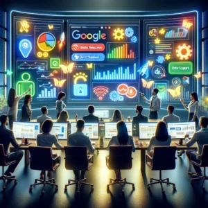 A team of PPC experts analyzing Google Ads dashboards to maximize ROI with Google Ads, surrounded by advanced technology and Google Partner benefits.