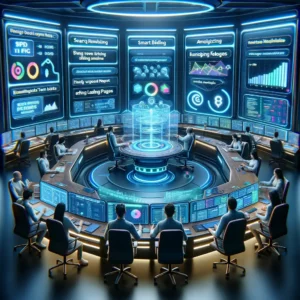 Futuristic command center depicting what a PPC agency does, with experts optimizing PPC campaigns using smart bidding, keyword diversification, landing page optimization, search terms analysis, and voice search integration.