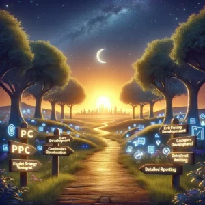 Serene landscape illustrating the journey's end in understanding what a PPC agency is, with a path leading to a digital success horizon, signposted by strategy, optimization, and reporting symbols.