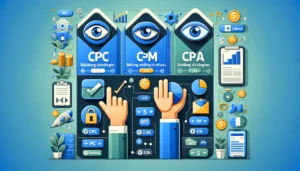 An illustrated guide depicting three PPC bidding strategies: CPC with a hand clicking an icon, CPM with an eye above a crowd, and CPA with a hand over a checkmark, against a blue background with infographics and marketing symbols.