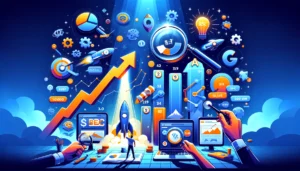 A visual summary of effective marketing strategies through lowering CPC, featuring a downward trending graph for costs, a magnifying glass on refined ad copy, a rising sales graph, and analytics screens, with a soaring ROI symbolised by a rocket. 