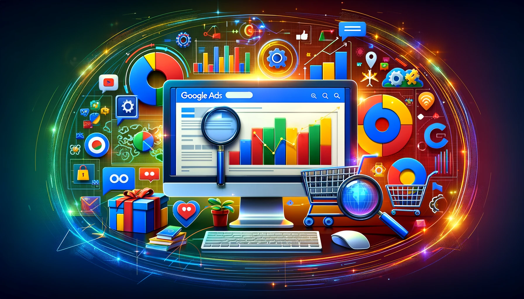 A digital representation of PPC advertising with a computer screen displaying colourful graphs, surrounded by digital marketing icons.