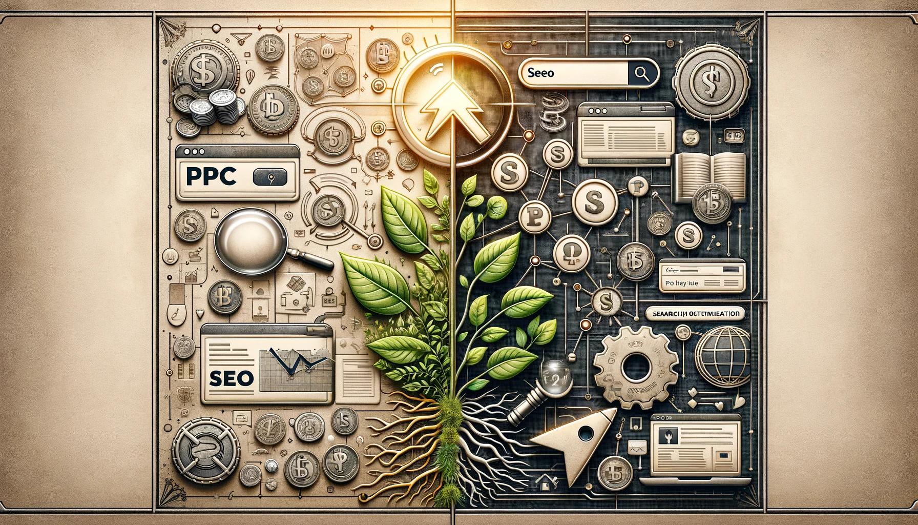 Digital marketing strategies contrast with PPC symbols on the left and SEO elements on the right, showcasing their integration in the center.
