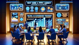 A team of PPC professionals showcases their proven track record, with screens displaying upward trends, awards on the wall, and a highlight of raising over $15 million on Kickstarter, emphasizing why hire a PPC agency.