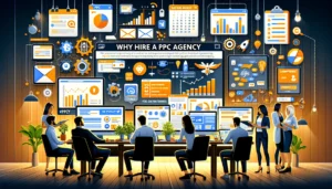 A diverse and experienced PPC team collaboratively brainstorming, with members focusing on different PPC management tasks, illustrating skilled teamwork.