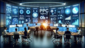 A high-tech PPC agency workspace with professionals using advanced software for real-time ad campaign optimisation, highlighting the importance of cutting-edge technology and why hire a PPC agency.
