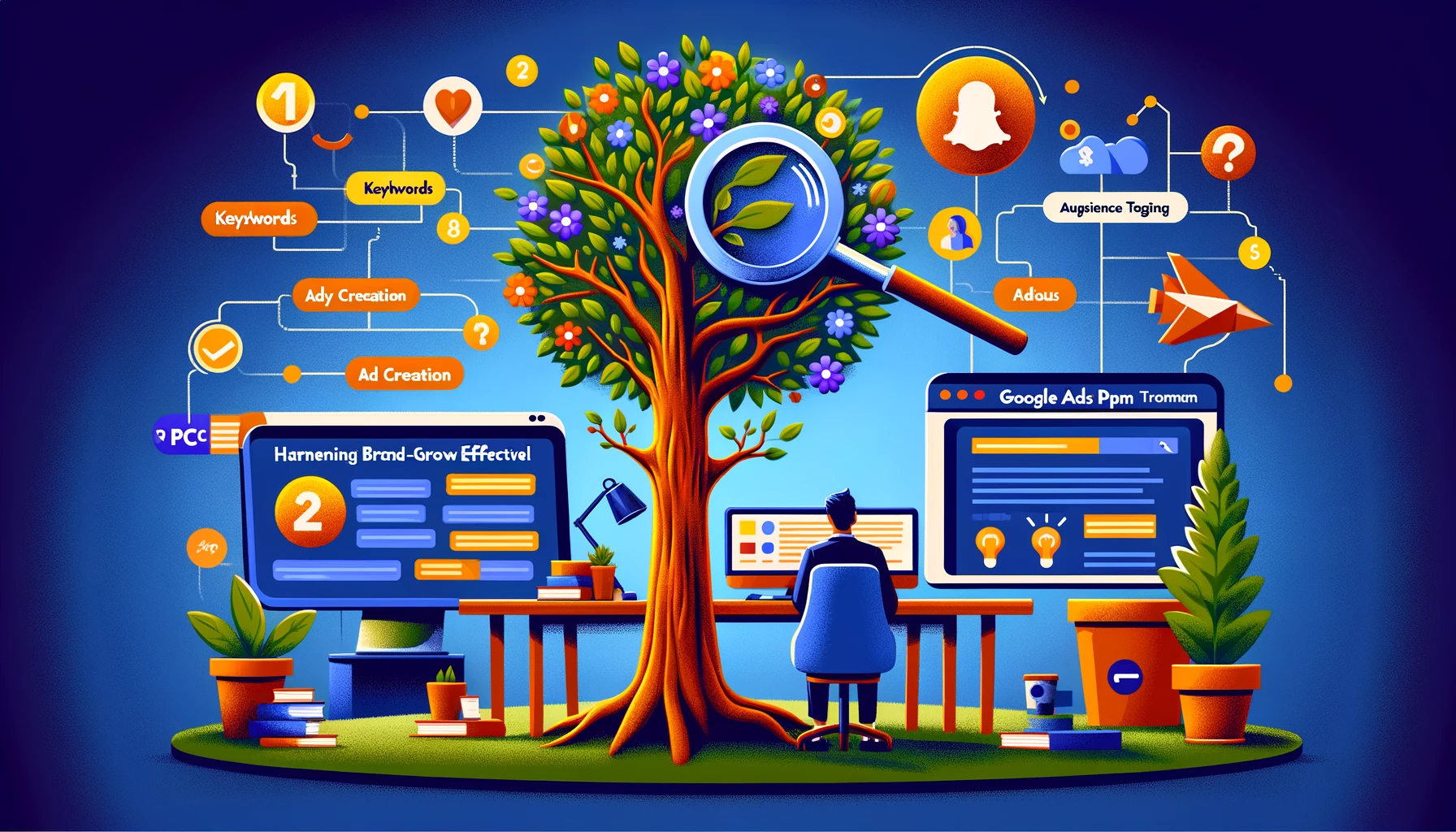 Visual journey of brand growth through Google Ads PPC, from keyword research to a flourishing tree symbolising brand expansion.