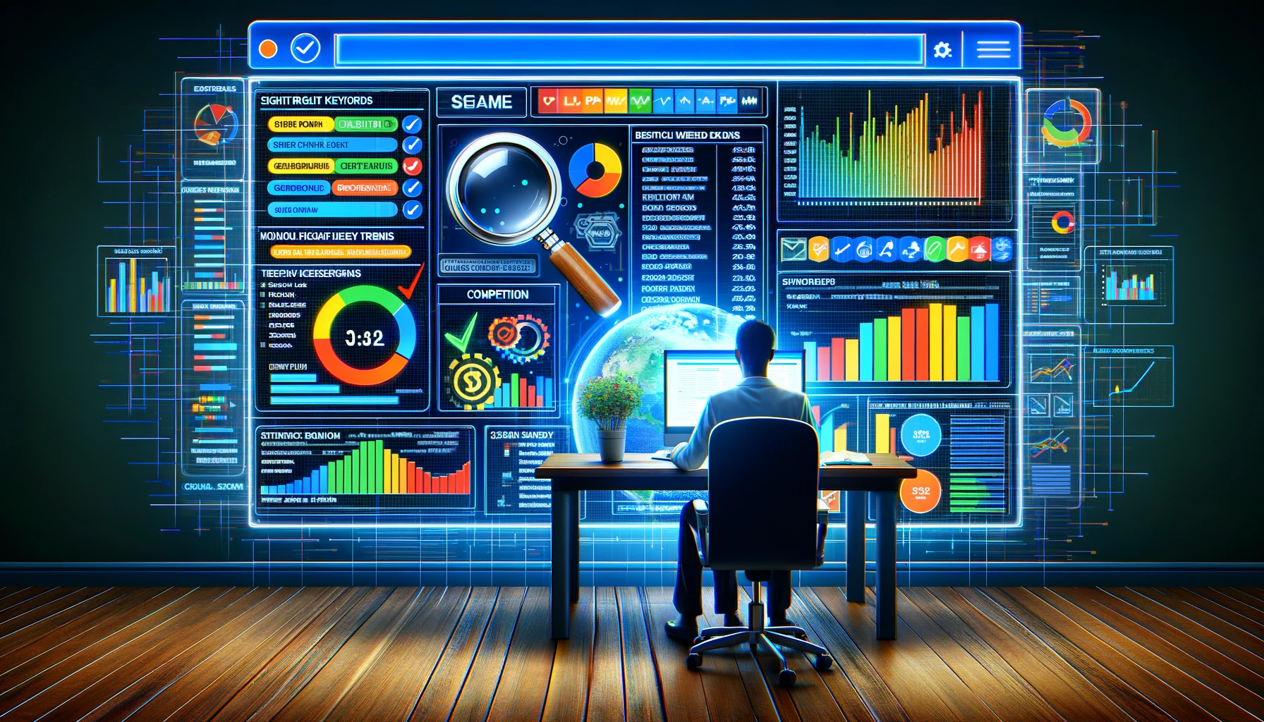 Digital marketing professional analysing PPC keyword selection on a computer dashboard.