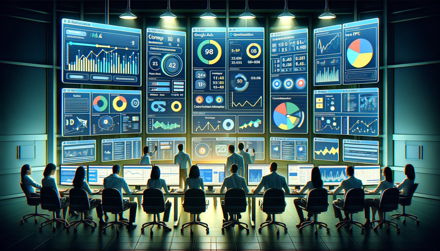 Digital marketing professionals at a control center analysing Google Ads PPC data on large screens