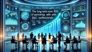 PPC professionals gathered around a futuristic analytics dashboard, focusing on sustainable growth and maximising ROI.