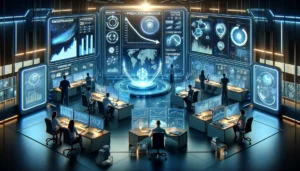 Data scientists in a futuristic command centre analyse PPC trends and consumer behaviour projections.