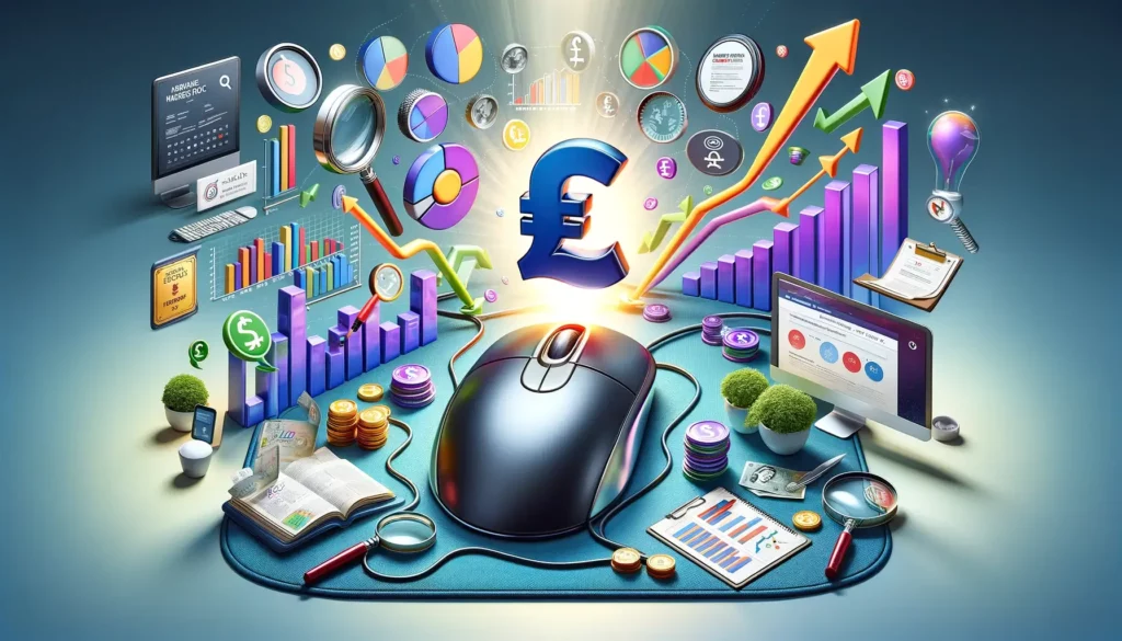 A vibrant depiction of PPC success with a large computer mouse entwined with rising graphs and a central British pound sign, symbolizing Maximising ROI: Top Pay Per Click Agencies Revealed.