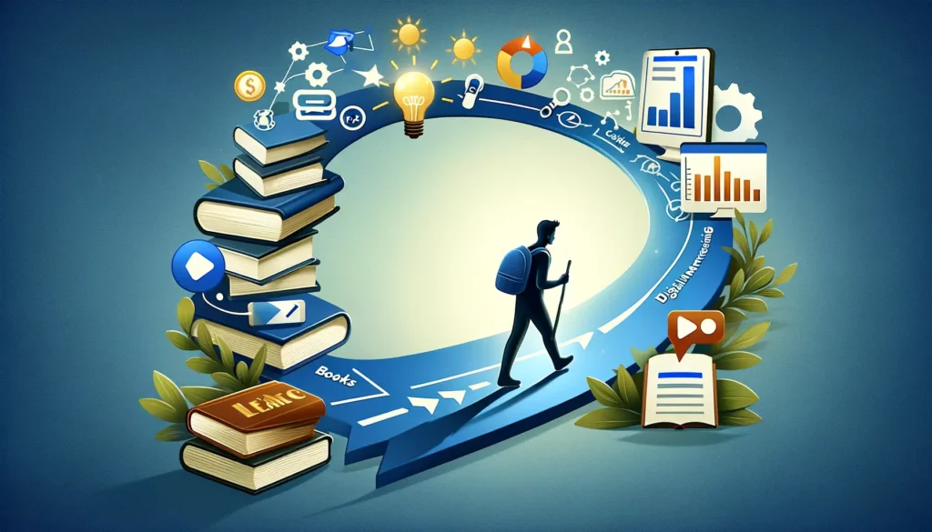 Illustrate the concept of continuous learning in PPC with a figure walking on a path that transforms from books and webinars into digital marketing