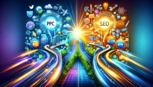An engaging digital illustration showcasing the integration of PPC and SEO strategies for improved online visibility. It illustrates two interconnected paths leading to a bustling digital marketplace, highlighting the synergy between immediate PPC impacts and long-term SEO growth in the UK. Perfect for those wondering, What is PPC in the UK?