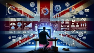 An illustration showcasing a digital marketing professional analyzing data on a computer, surrounded by icons representing audience segmentation factors such as age, gender, location, and interests, with the UK flag in the background. This image embodies the essence of PPC strategies in the UK, highlighting the significance of tailored audience targeting and segmentation.