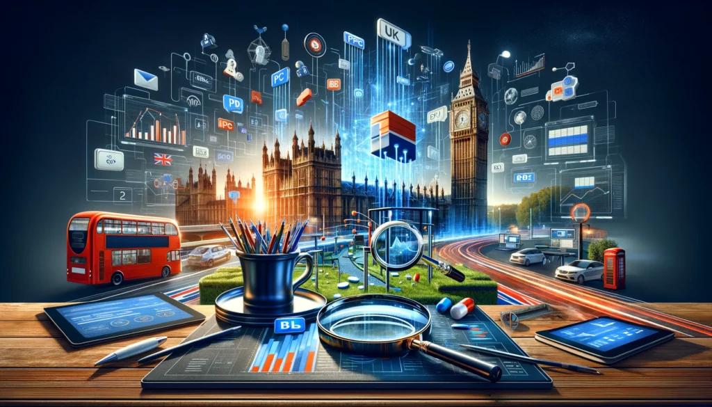 Exploring what is PPC in the UK: An illustration showcasing the UK's digital marketing landscape with iconic landmarks and representations of PPC advertising strategies, including keyword bidding and analytics.