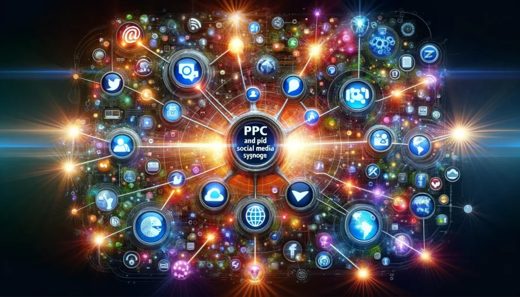 Visualize the concept of PPC and paid social media synergy, with imagery reflecting a network connecting various social media icons and search engine
