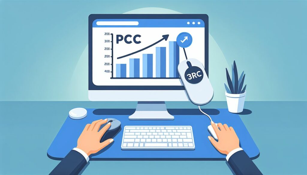 Illustration of hands at a computer desk with a monitor displaying a bar chart labeled 'PCC', a PPC performance tracking concept, asking Does PPC work immediately?