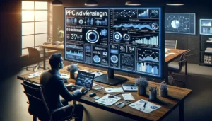 Pay Per Click Advertisers analyze seasonal trends on a large monitor displaying data charts related to consumer behavior, with a focus on Christmas and Black Friday peaks.