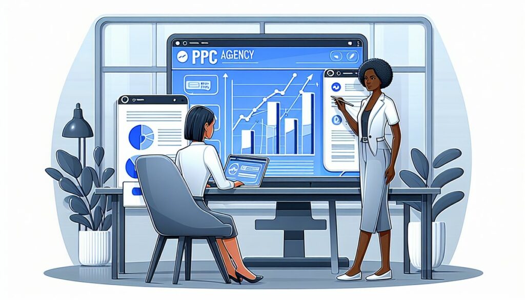 An illustration showing two professionals discussing PPC strategies in front of a screen displaying growth analytics, reflecting the strategic planning involved in determining how much it costs to hire a PPC agency.
