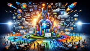  Do I need a PPC agency? Illustrated answer showcasing the vibrant digital marketing landscape with concepts like CPC, bidding, and Quality Score.