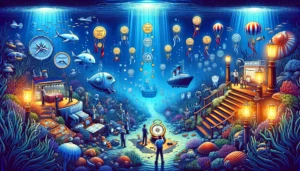 A vivid depiction of the journey to find the best PPC agency, featuring an underwater scene with a business owner as a deep-sea explorer navigating through digital marketing's ocean. Key elements include a compass, sunken ships representing past campaigns, treasure maps for case studies, a podium with awards, diverse marine creatures as the agency team, and glowing reviews as gems around a treasure chest, encapsulating the selection process's depth.
