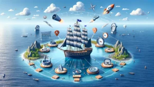 A serene ocean scene with a ship anchored near the shore, symbolizing a business defining its PPC marketing objectives. Surrounding the ship are navigational tools and icons representing the SMART framework, brand awareness, sales growth, lead generation, and budgeting, highlighting how to choose the best PPC agency through strategic planning.