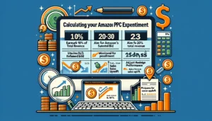 Infographic on How much should my PPC budget be? Showing steps for calculating Amazon PPC expenditure, including earmarking 10% of total revenue, aiming for 20-30 clicks daily, utilizing Amazon's suggested bid feature, monitoring performance via reports, and adjusting for a 25% sales uplift.