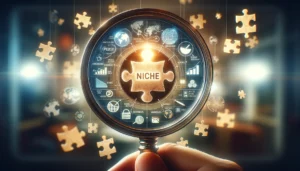 How do I choose a good PPC agency? Image showing a magnifying glass focusing on a puzzle piece with digital marketing icons, illustrating niche specialization in PPC agencies.
