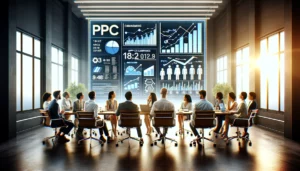 Professionals in a modern office evaluating PPC campaign scalability on a digital screen, symbolizing strategic growth. This scene illustrates the importance of choosing a good PPC agency capable of adapting to business expansion.