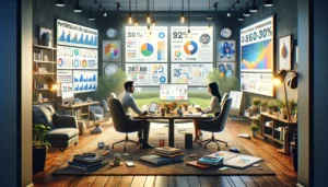 A Day in the Life of a Leading PPC Agency: A professional meeting between a PPC specialist and a client in an office, with screens displaying PPC analytics and strategies, symbolizing personalized client relationships.