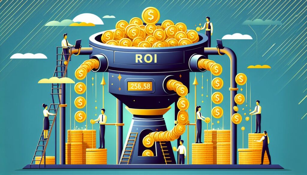 An allegorical image of workers operating and surrounding a giant ROI machine that processes gold coins, illustrating Maximising ROI: Why Investing in a PPC Agency is Worth Every Penny.