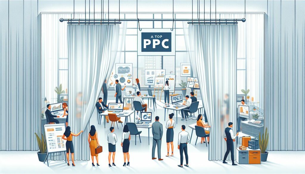 A Day in the Life of a Leading PPC Agency: Illustration of a bustling agency office, with teams collaborating on PPC campaigns, analysis, and client meetings, all set against a backdrop featuring the PPC logo.