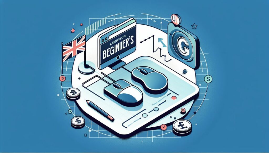 A stylized digital illustration explaining the basics of PPC advertising in the UK. The image features an isometric design with a guidebook labeled "Beginner's Guide," eyeglasses, and the British flag, along with various icons representing the digital nature of PPC, such as clicks, targeting, and currency, creating an inviting visual summary for newcomers to PPC.