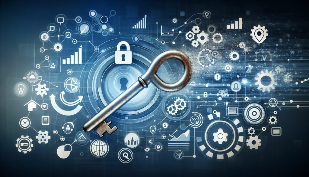 An antique key hovers over a high-tech digital backdrop, unlocking The Power of PPC in Marketing amidst various analytics and technology icons.
