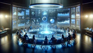 Futuristic control room with marketing professionals using advanced technology for Google Advertising Pay Per Click analytics and strategy optimization.