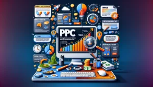  Infographic explaining How does PPC work, with icons representing digital marketing concepts like traffic growth, keyword research, and cost management.