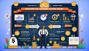Infographic on How does PPC work, highlighting the AdWords auction system and the bidding process, including bid amount, ad quality (Quality Score), and the impact of extensions.