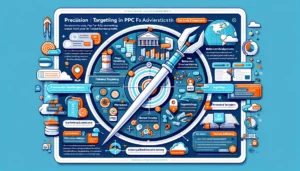 Infographic explaining how does PPC work, highlighting targeted advertising strategies like demographic targeting, behavior analysis, and interest-based selection with visuals of ad extensions and geo-targeting.