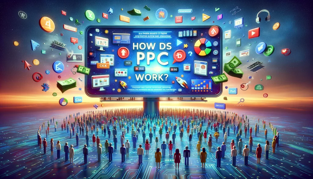 How does PPC work? - A vibrant digital billboard displaying How Does PPC Work? floats in a digital landscape with websites, search engines, and social media icons, surrounded by business avatars exploring PPC benefits.