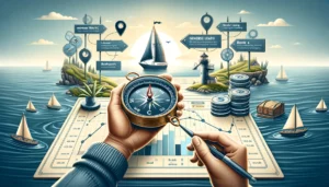 The Power of PPC in Marketing - A navigator with a compass planning a PPC campaign, featuring a map with goals like Increase Traffic, Generate Leads, and Boost Brand Awareness, alongside a budget chart.